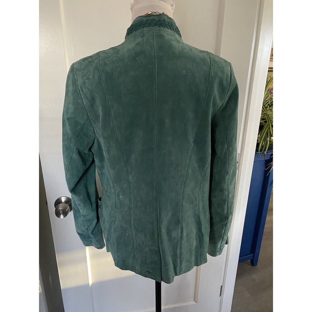Women's Green Suede Jacket with Woven Trim - Picture 5 of 11